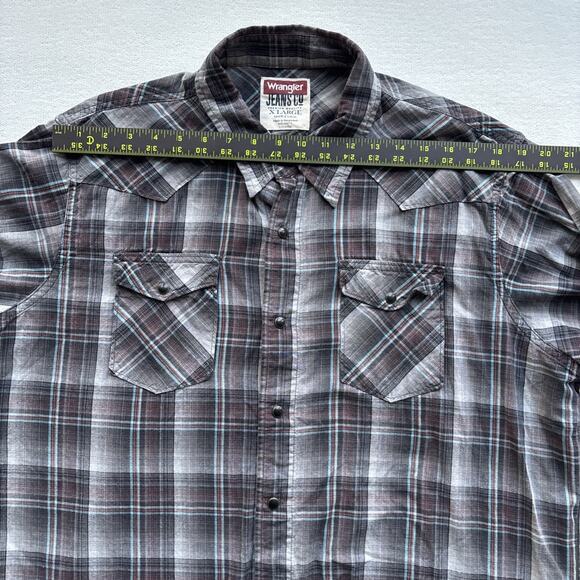 Wrangler Jeans Co Men X Large Plaid Western Shirt Pearl Snap Long Sleeve Gray - Picture 11 of 15